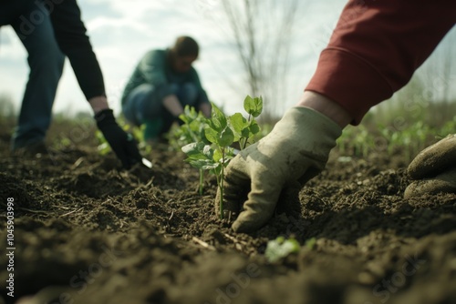 Volunteers Planting Seedlings: Close-Up of Hands in Gloves Cultivating Soil for Sustainable Gardening and Community Growth on a Bright Day photo