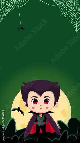 Cute vampire boy walking in full moon green colored night. Spider web and flying bet on background. Halloween cartoon animated motion graphics.