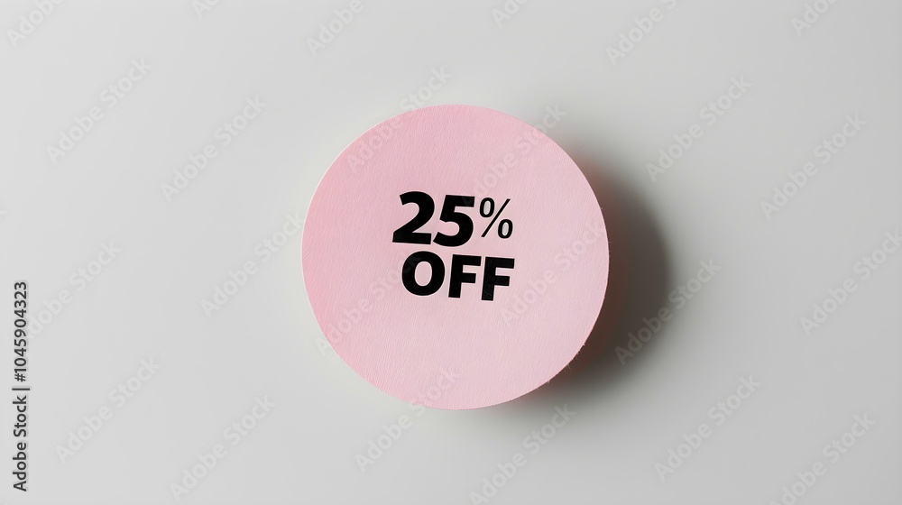 Black '25% OFF' Text on a Light Pink Round Paper Note. White Background with Copy Space Black '25% OFF' Text on a Light Pink Round Paper Note. White Background with Copy Space