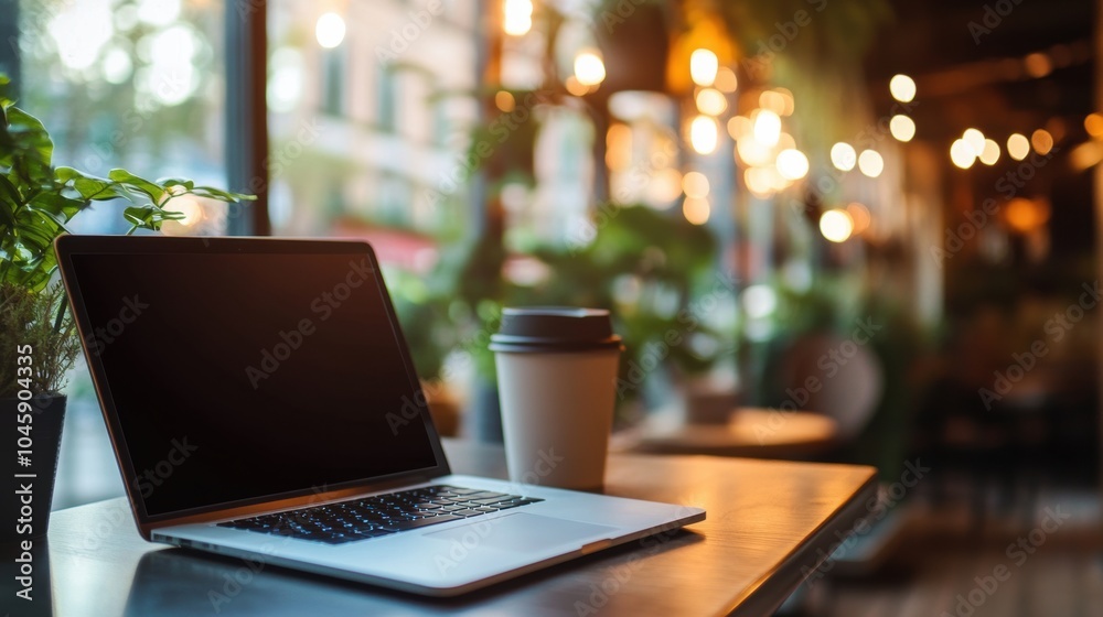A laptop sits on a table next to a coffee cup, surrounded by greenery and warm lights, creating a relaxed atmosphere for work. Generative AI