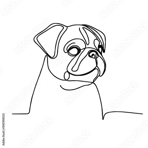 A simple continuous line drawing of a dog of the breed Pug. The artwork is minimalistic, capturing the essence of the object with a single unbroken line