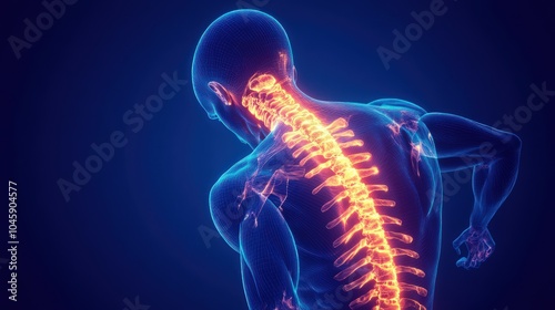 Anatomy a human back with pain in the spine isolated on a bright blue background