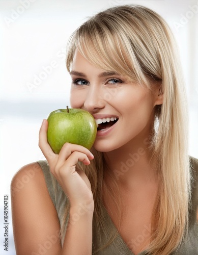 beautiful blond Caucasian woman eating apple, AI generated