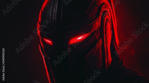 ancient spartan helmet with red glowing furutistic cyber eyes in the dark looking straight on dark background photo