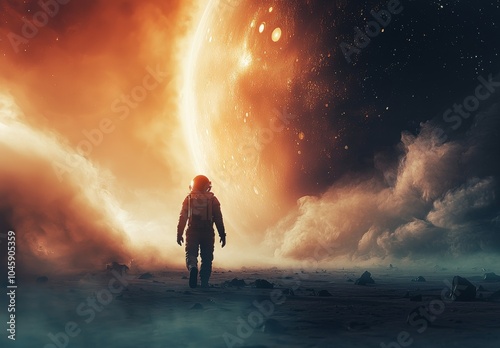 Astronaut Walking Toward a Glowing Planet, Digital Painting, Silhouette, Space Exploration, Planet, Astronaut, Alien Landscape