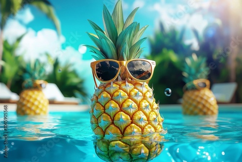 Cool Pineapple with Sunglasses in a Pool, 3D Illustration, Summer, Tropical, Vacation, Pineapple, Pool