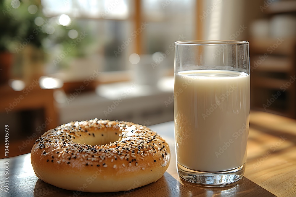 Fresh Glass Of Milk And Buttered Bagel Fresh Glass Of Milk And Buttered Bagel