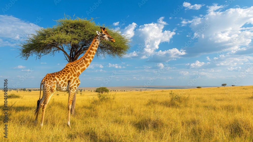 Obraz premium Giraffe standing under tree.