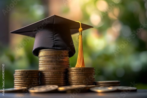 Wallpaper Mural Graduation Cap on Stack of Coins, Green Background, Coins, Education ,Financial ,Success Torontodigital.ca