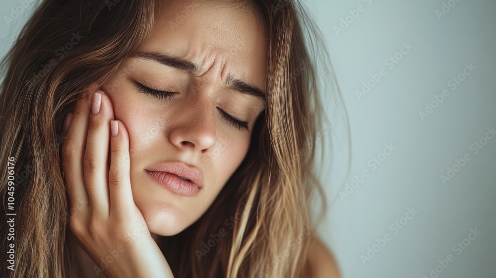 a woman with long hair, touching her cheek in toothache discomfort a woman with long hair, touching her cheek in toothache discomfort