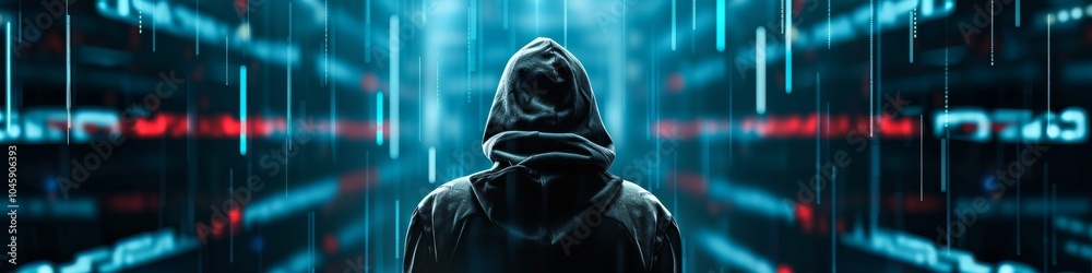 Hacker in a hood surrounded by digital code streams Hacker in a hood surrounded by digital code streams