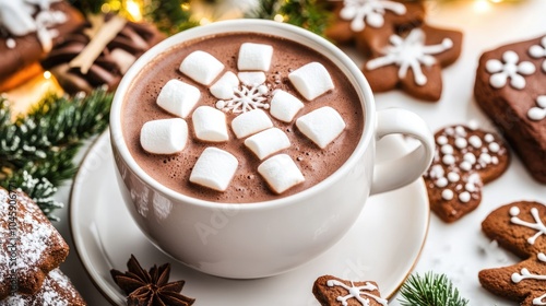 A cozy cup of hot chocolate topped with marshmallows sits beside gingerbread cookies shaped like snowflakes, creating a festive winter treat photo