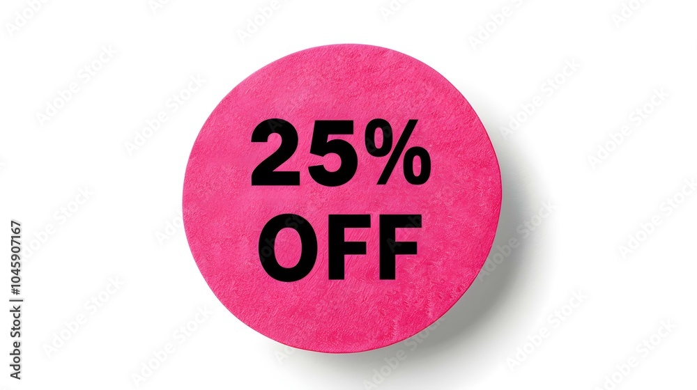 Black '25% OFF' Text on a Magenta Round Paper Note. White Background with Copy Space Black '25% OFF' Text on a Magenta Round Paper Note. White Background with Copy Space
