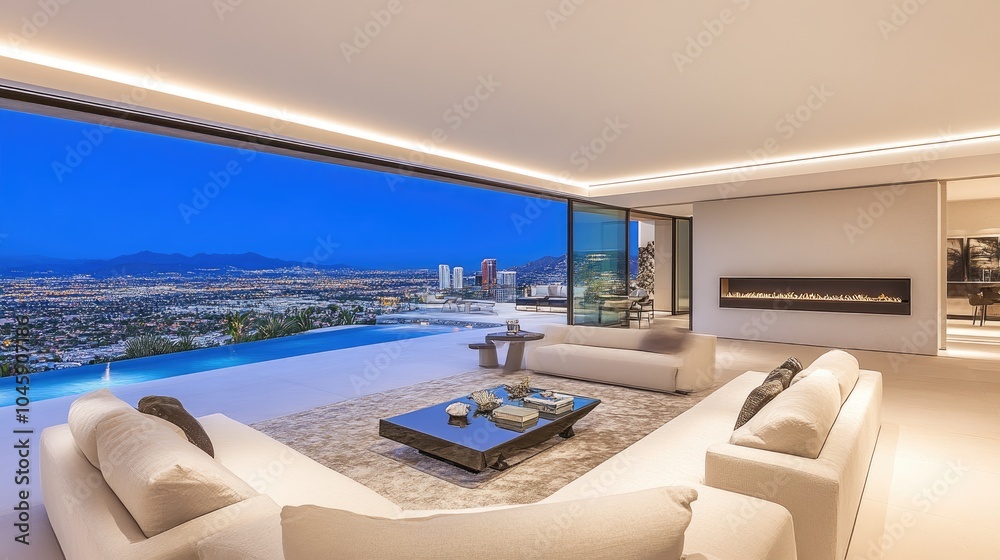 Fototapeta premium Modern home with cozy outdoor living space, pool, private parking, and luxurious landscaping, exuding style and comfort.