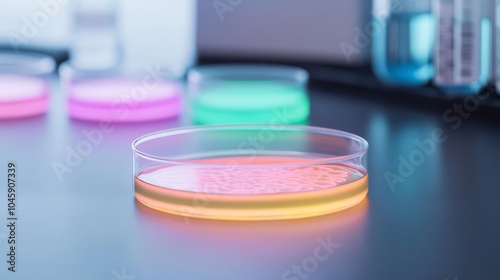 Close-up of a petri dish with glowing stem cells, advanced laboratory setting