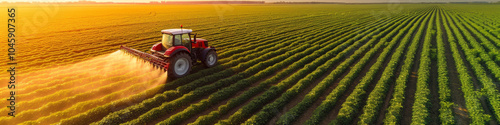 Tractor spraying pesticides across lush green crops at sunset