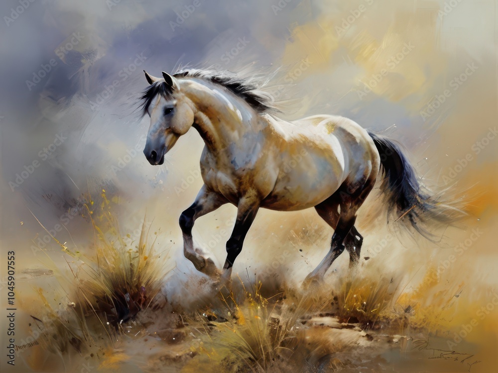 Obraz premium Horse running gallop on the meadow in autumn. Digital painting
