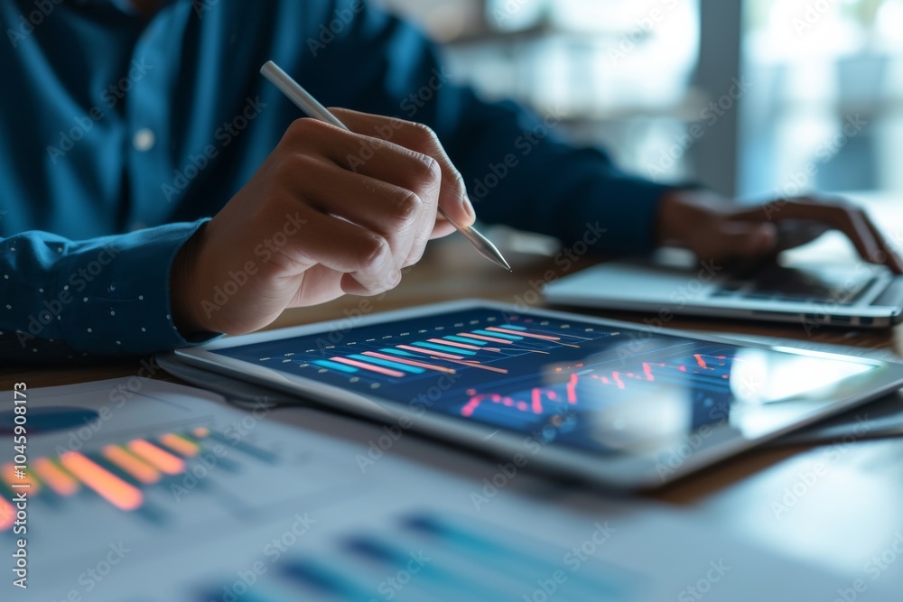 Professional reviews financial statistics on tablet screen Professional reviews financial statistics on tablet screen