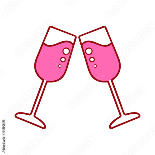 Two pink champagne flutes with liquid and bubbles, clinking together in a Valentine Day .  The flutes are outlined in red, with a white background.