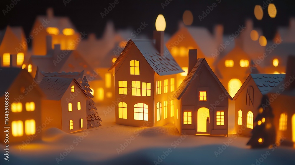 A miniature paper village with glowing windows and snow on the ground. A miniature paper village with glowing windows and snow on the ground.