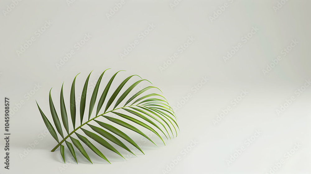 Fototapeta premium A single, delicate palm frond lays on a clean white background.