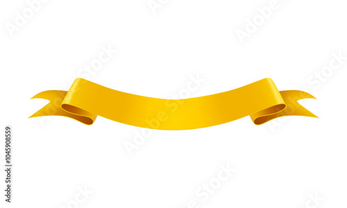 Realistic vector illustration of gold ribbon decorative shape with curls on white background. Element can be used for decoration, creating banners, emblems or award ribbons in design. 