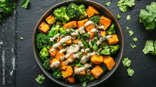 Broccoli and sweet potato bowl with tahini sauce, placed on a black slate surface, surrounded by roasted sweet potatoes, fresh cilantro, and a drizzle of tahini