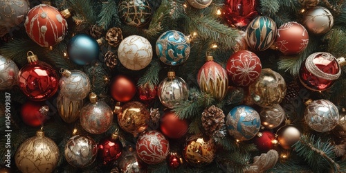 Shiny round ornaments in a bird's-eye view for a holiday.