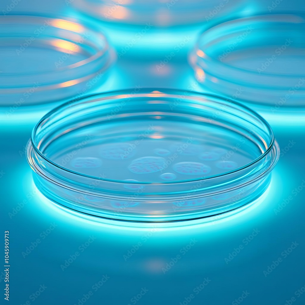 Petri dish filled with stem cells illuminated by soft, neon blue lighting Petri dish filled with stem cells illuminated by soft, neon blue lighting