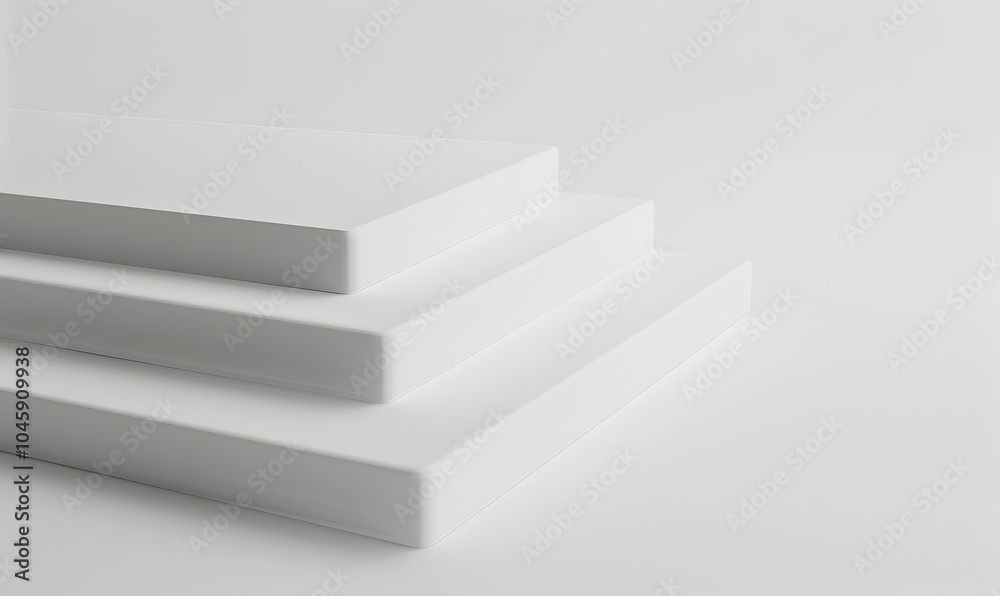 Three white rectangular platforms stacked on top of each other, creating a staircase-like structure against a plain white background. Three white rectangular platforms stacked on top of each other, creating a staircase-like structure against a plain white background.
