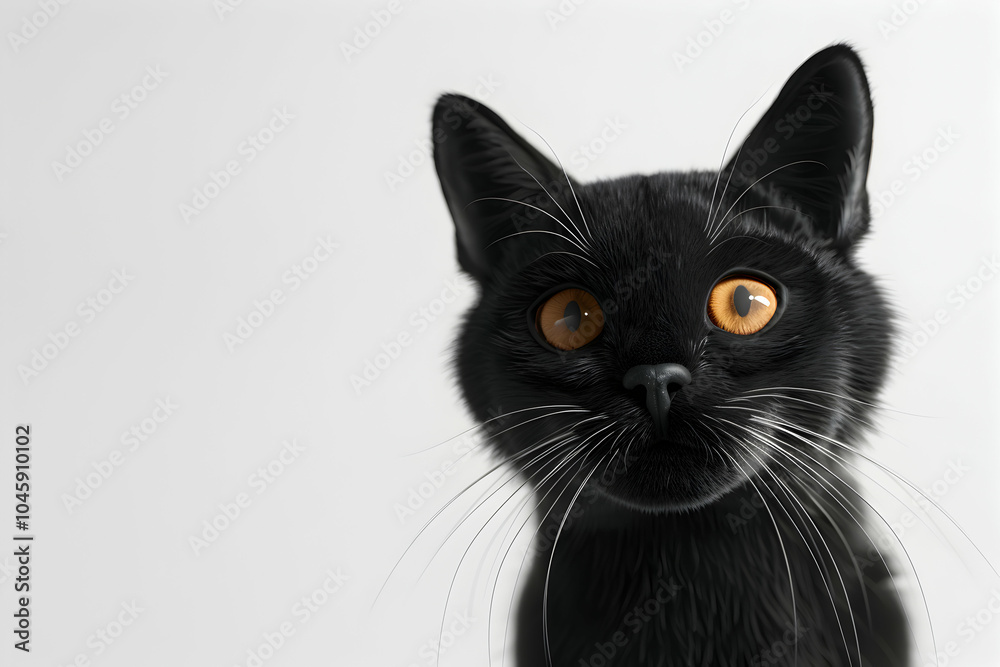 A black kitten with big, curious orange eyes looks up towards the camera with a small white marking under its nose against a plain white backdrop. A black kitten with big, curious orange eyes looks up towards the camera with a small white marking under its nose against a plain white backdrop.