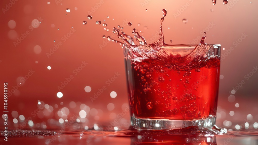 Closeup of a glass of red liquid with a splash and red bokeh background. Closeup of a glass of red liquid with a splash and red bokeh background.