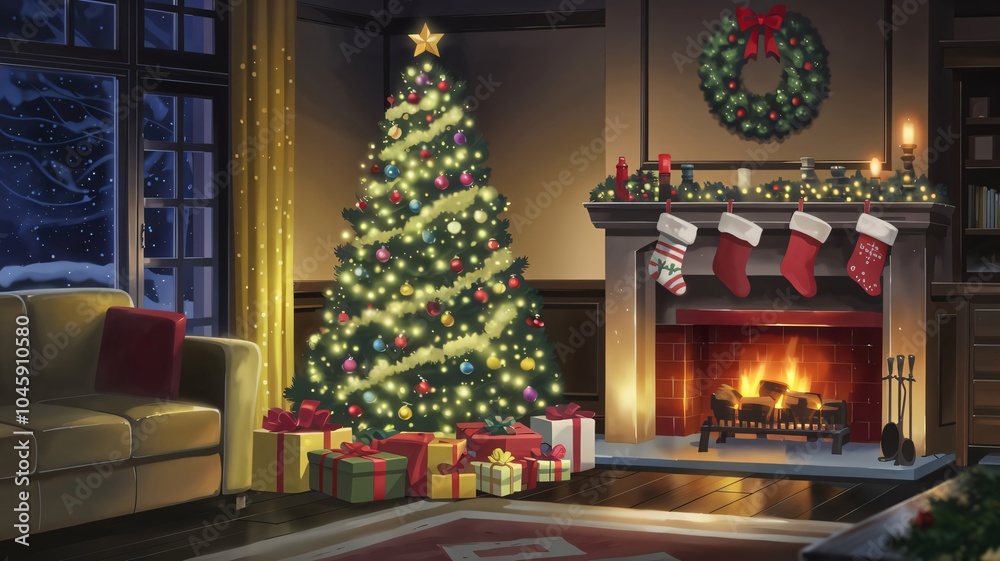 Fototapeta premium decorated christmas tree celebration concept anime style