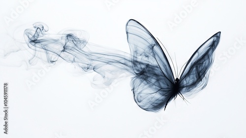   A photo of a black-and-white butterfly with smoke rising from its back wings against a white background