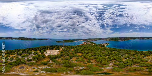 Aerial 360 degree panorama of Rogoznica, Croatia, above lavender labyrinth and beautiful pine forest on the dalmatian coast