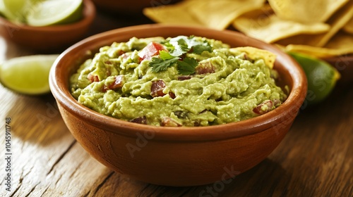 Bowl of Guacamole with Tortilla Chips and Lime Wedges