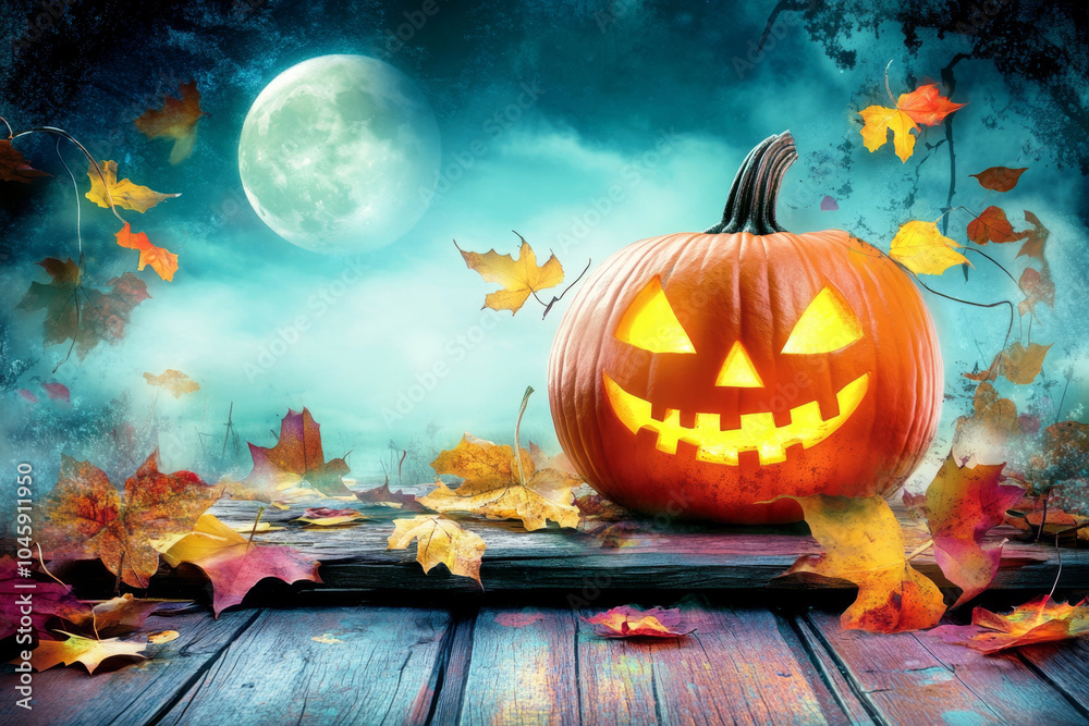 Halloween themed background. Jack-o'-lantern with a sinister grin under the moonlight. Halloween themed background. Jack-o'-lantern with a sinister grin under the moonlight.