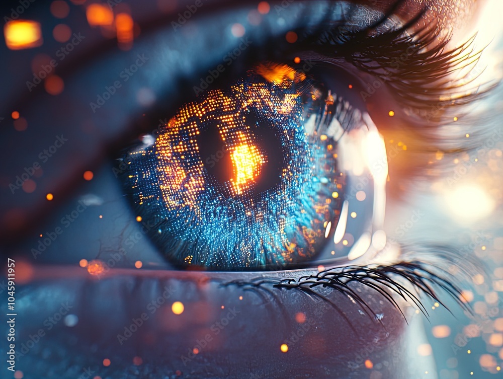 Striking Close-Up of a Human Eye with Digital Overlays: A Bright Blue Iris and Golden Flecks - Perfect for Futuristic Sports Interior Posters and Modern Decor Striking Close-Up of a Human Eye with Digital Overlays: A Bright Blue Iris and Golden Flecks - Perfect for Futuristic Sports Interior Posters and Modern Decor