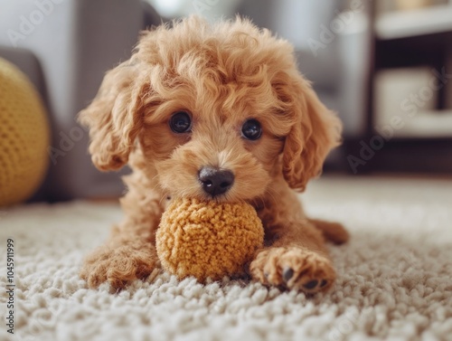 Adorable Brown Puppy Playing with Ball Toy photo