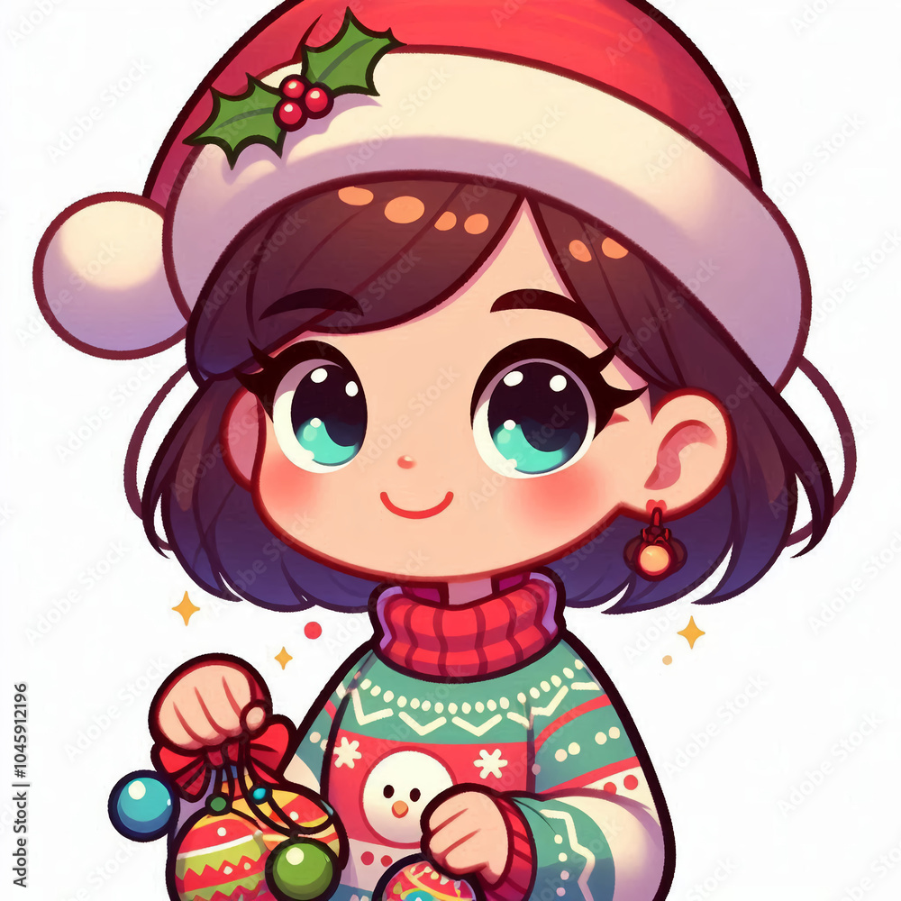 Fototapeta premium Cute funny smiling cartoon girl in holiday sweater.
