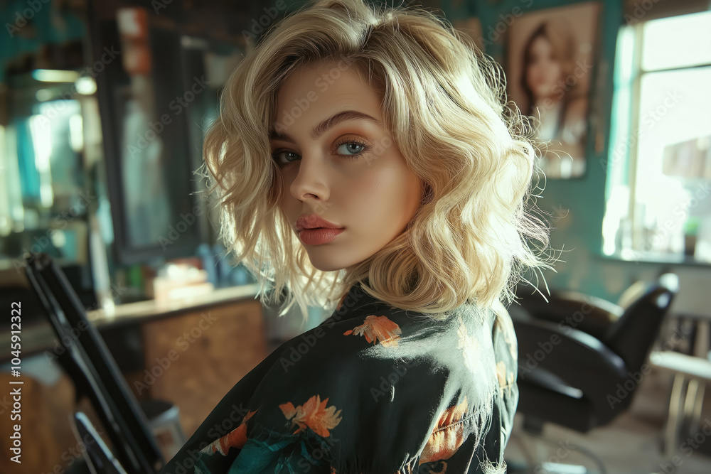 stunning portrait of a beautiful blonde woman in a salon, showcasing a fashionable hairstyle and sophisticated makeup for beauty campaigns stunning portrait of a beautiful blonde woman in a salon, showcasing a fashionable hairstyle and sophisticated makeup for beauty campaigns