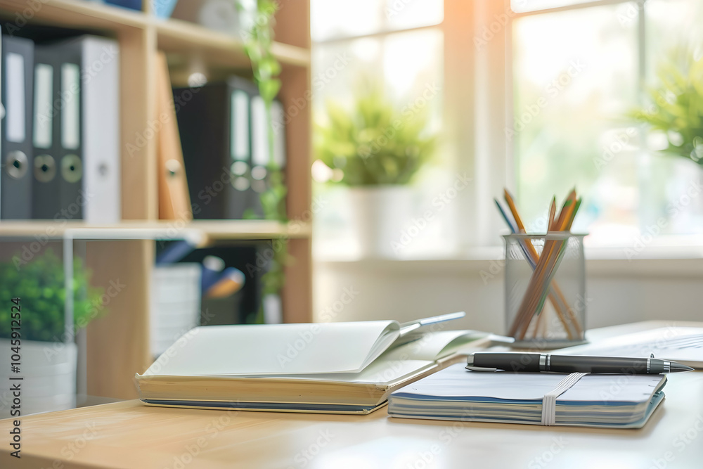 A wellorganized office workspace featuring beautiful greenery and various stationery items A wellorganized office workspace featuring beautiful greenery and various stationery items