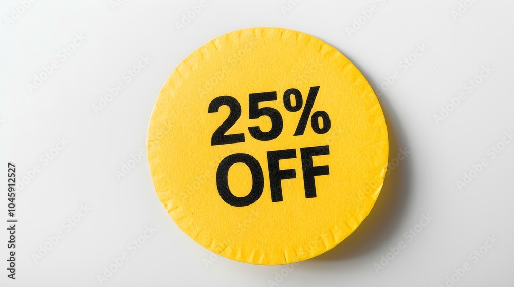 Black '25% OFF' Text on a Yellow Round Paper Note. White Background with Copy Space Black '25% OFF' Text on a Yellow Round Paper Note. White Background with Copy Space