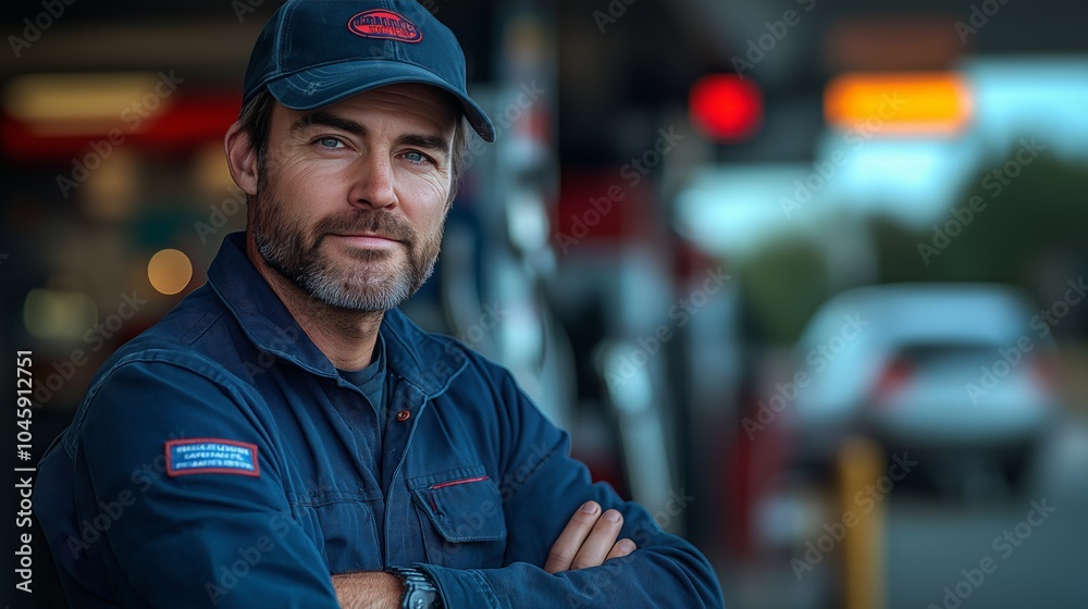 Caucasian mechanic in a uniform standing confidently at a garage, ideal for auto service ads, garage promotions, or mechanic-related content. Rich blues and reds create a professional tone Caucasian mechanic in a uniform standing confidently at a garage, ideal for auto service ads, garage promotions, or mechanic-related content. Rich blues and reds create a professional tone