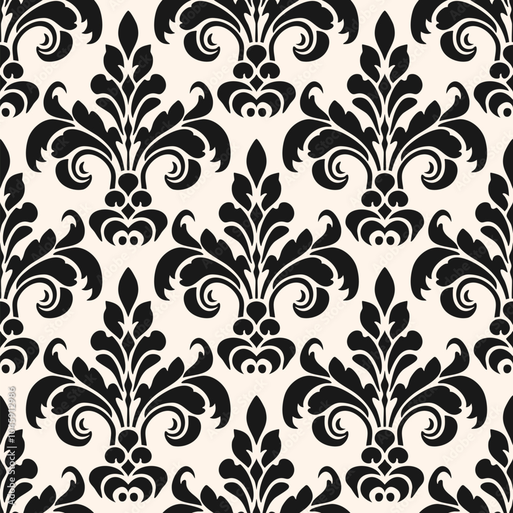Vector Damask seamless pattern. Luxury ornament in baroque, rococo, renaissance style. Simple black and white abstract background texture with curly floral elements. Elegant monochrome wallpapers Vector Damask seamless pattern. Luxury ornament in baroque, rococo, renaissance style. Simple black and white abstract background texture with curly floral elements. Elegant monochrome wallpapers