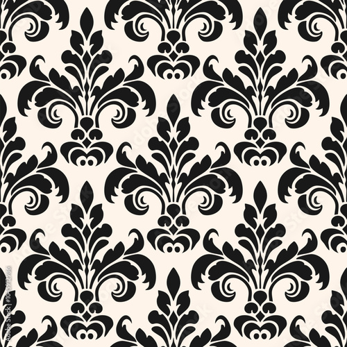 Vector Damask seamless pattern. Luxury ornament in baroque, rococo, renaissance style. Simple black and white abstract background texture with curly floral elements. Elegant monochrome wallpapers