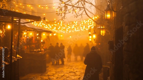 Enchanting Medieval Fantasy Winter Market with Villagers, Handmade Crafts, Cider, and Lantern Light