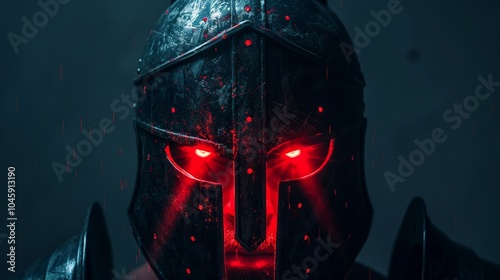 ancient spartan helmet with red glowing furutistic cyber eyes in the dark looking straight on dark background photo