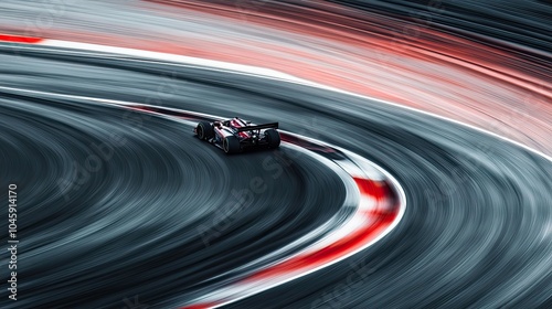 A dynamic image of a race car speeding around a track, with motion blur capturing its speed.