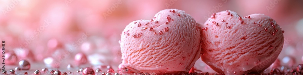 Two pink heart-shaped ice creams adorned with sprinkles in a dreamy, romantic setting. Two pink heart-shaped ice creams adorned with sprinkles in a dreamy, romantic setting.